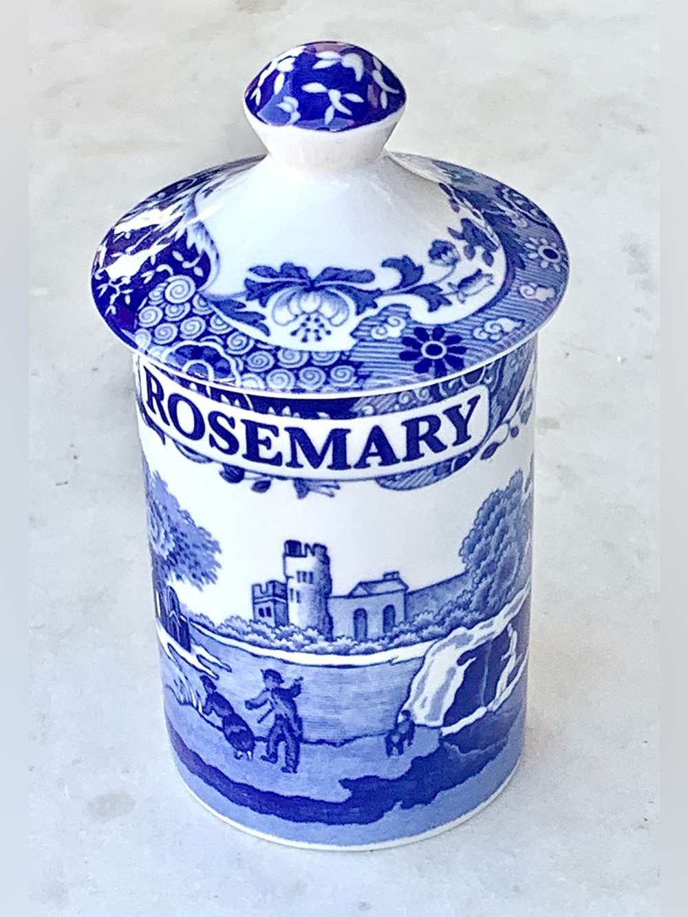 SPODE BLUE ITALIAN  Blue and White 'ROSEMARY' Ceramic Spice Jar with Lid 4IN